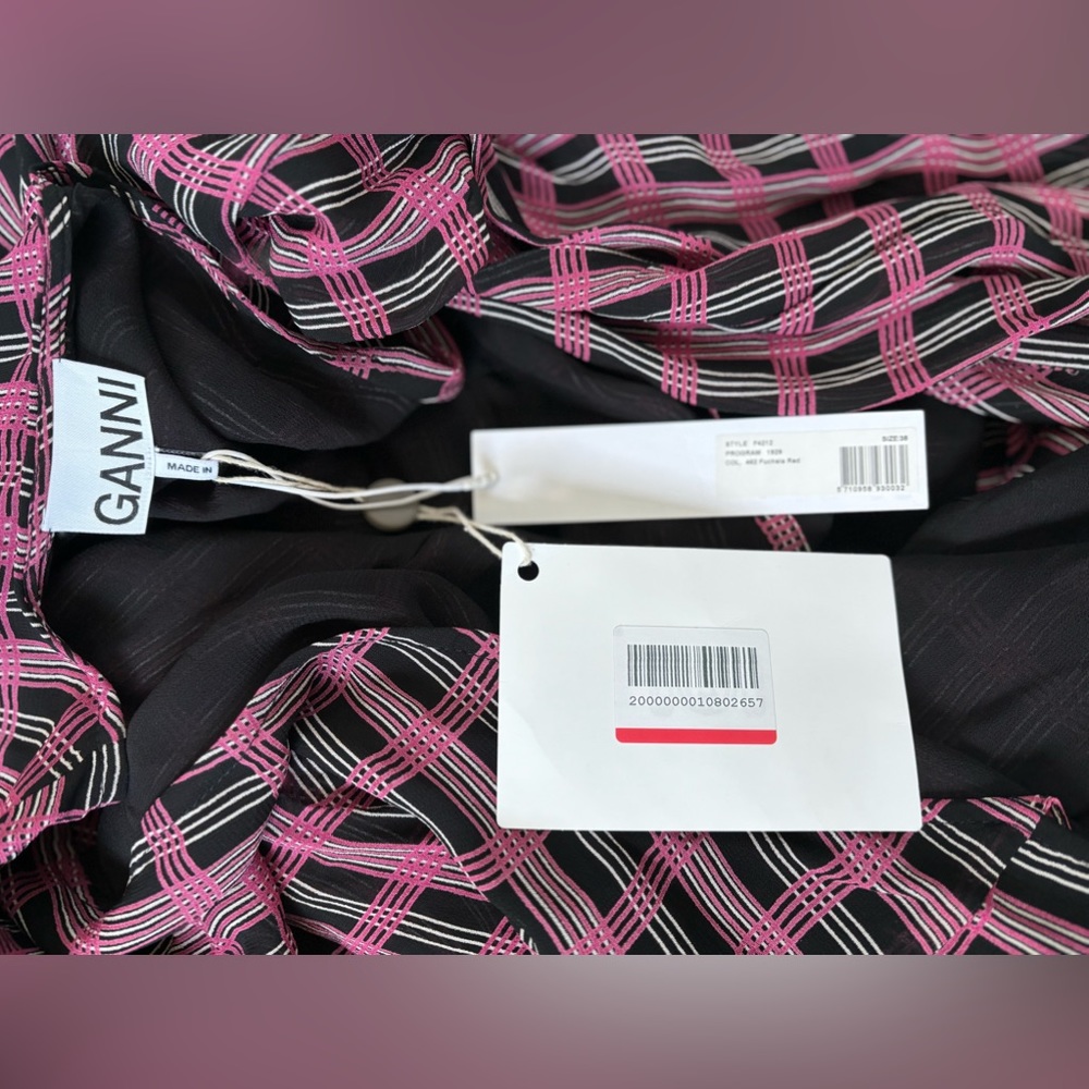GANNI Women’s Designer Wrap Dress
Georgette Check Print Fuchsia M- 38 NWT - Picture 6 of 8